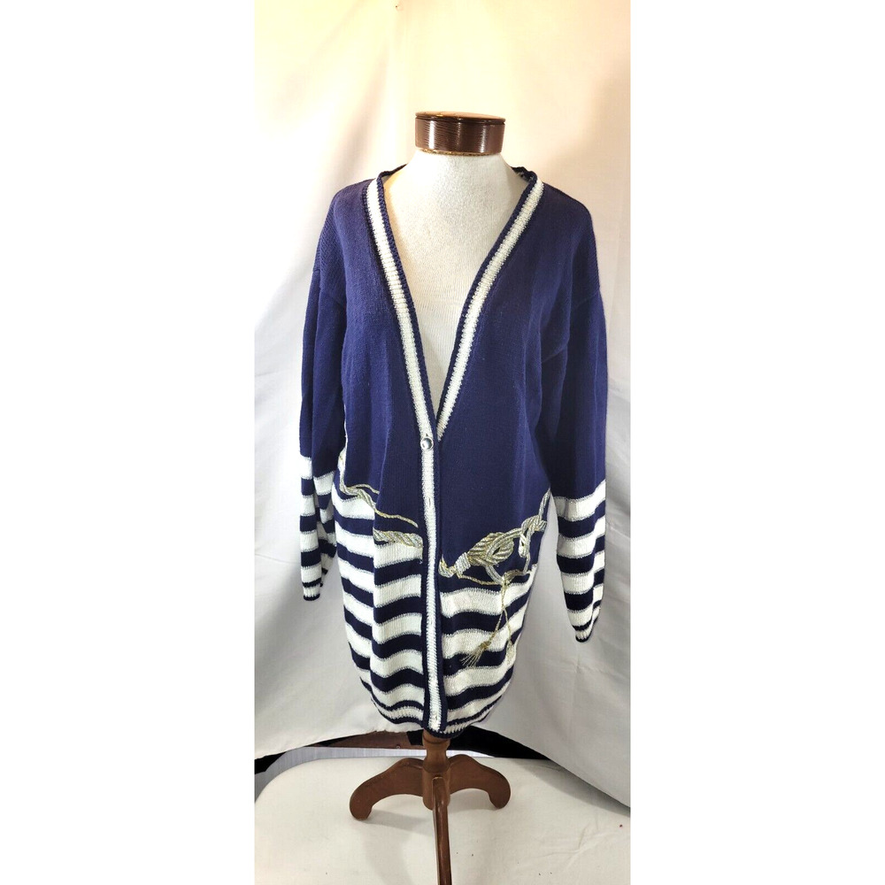 Vintage Jason Maxwell Womens Lg Navy White Striped Nautical Button Up Cardigan
